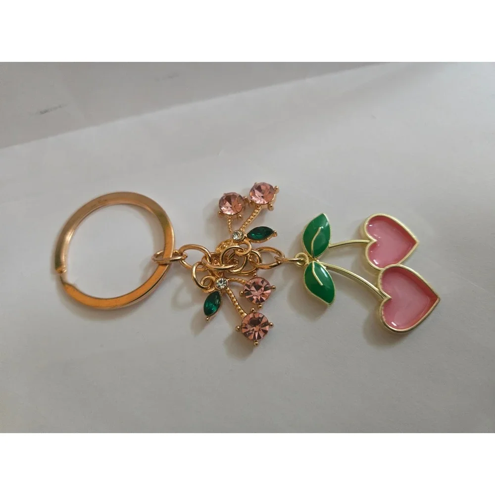 Pink Heart Cherry Keychain | Gold Tone Cherry Charm Purse Accessory